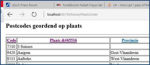 HTML Raw methode Oefening Postcides csv bestand ordenen met LINQ